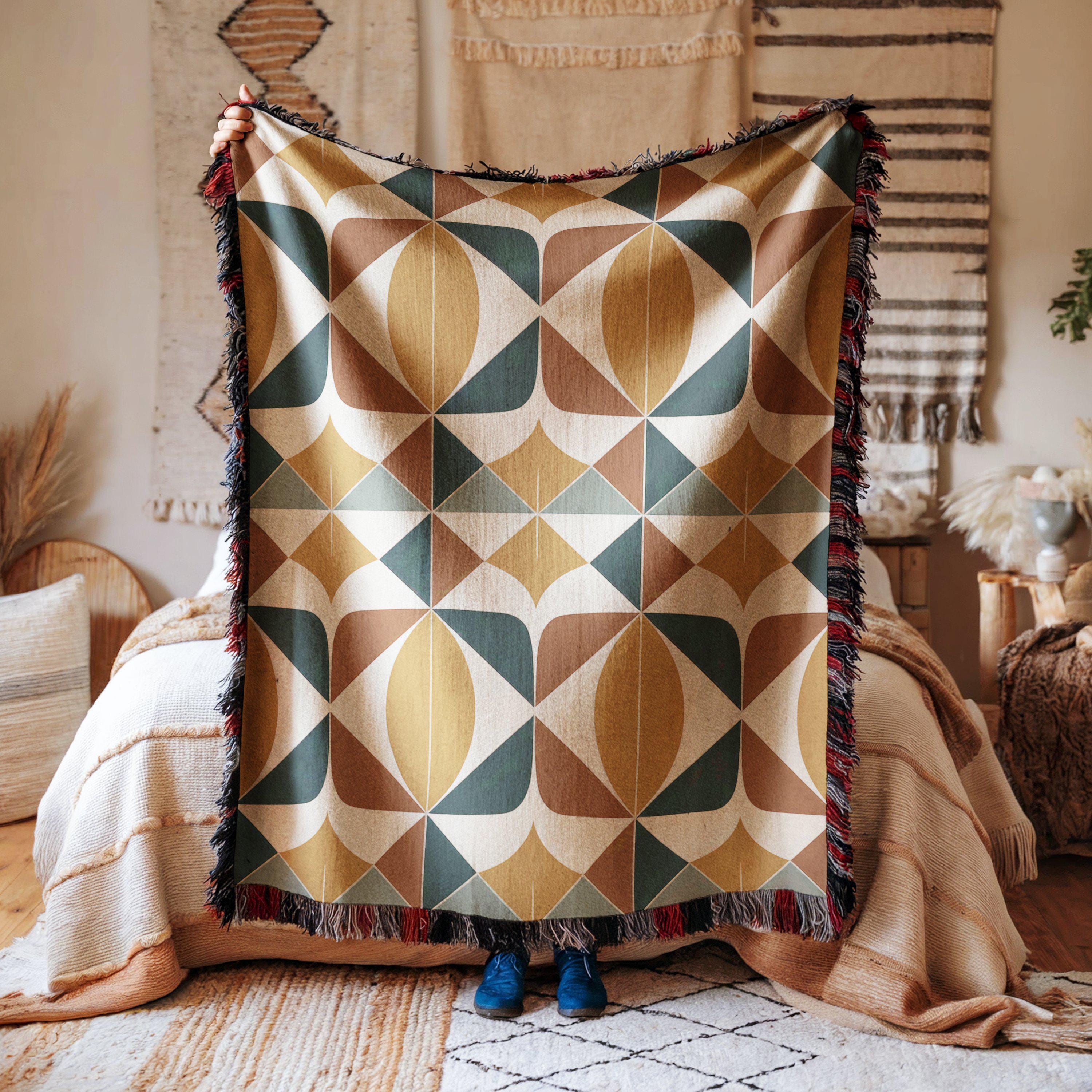 Throw Blanket Mid Century Modern Geometric Mustard Yellow Teal