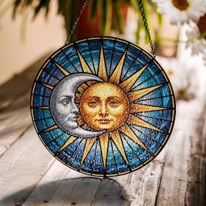 Suncatcher Stained Glass Sun Moon Celestial Home Decor Windows Unique Astrology Inspired Art Gift Space Enthusiasts Cosmic Window Hanging