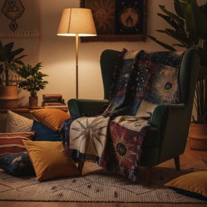 Decke Himmlisch Vintage Stern Mond Boho Astrologie Sonne Mond Tapisserie mystisches Dekor für Haus Schlafzimmer Wohnzimmer Geschenkidee shown in an AI-generated listing photo