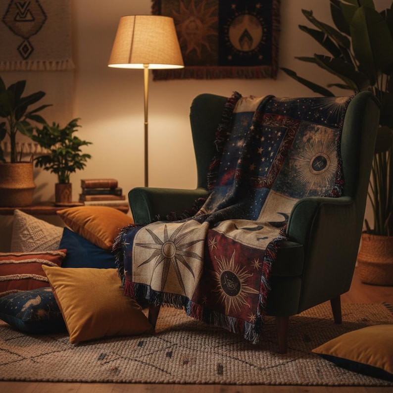Decke Himmlisch Vintage Stern Mond Boho Astrologie Sonne Mond Tapisserie mystisches Dekor für Haus Schlafzimmer Wohnzimmer Geschenkidee shown in an AI-generated listing photo