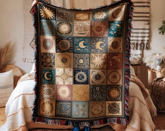 Nostalgic Celestial Patchwork Quilt Blanket Medieval Tapestry Design Zodiac Alchemical Sigils Suns Crescent Moons Cosmic Woven Throw