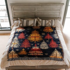 Woven Blanket Forest Night Colorful Pine Tree Design Throw Cozy Warm Soft Couch Bed Snuggle Stylish Decor Gift Idea Nature Lover