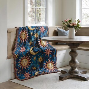Blanket Celestial Sun and Moon Stars Galaxy Astrology Space Mystical Cosmic Spiritual Home Decor Cozy Woven Throw Night Sky Artistic Gift