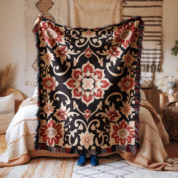 Blanket Floral Bohemian Throw Nostalgic Flower Decor Cozy