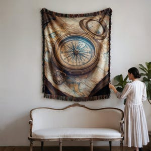 Manta con brújula vintage, diseño de mapa detallado de aventuras náuticas, acogedora colcha de viaje, regalo para exploradores, arte antiguo, decoración única para dormitorio