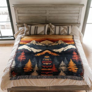 Woven Blanket Mountain Landscape Rustic Woodland Throw Quilt Cozy Warm Soft Bedding Cabin Decor Forest Illustration Gift Nature Lover
