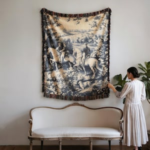 Throw Blanket Horse Riding Cozy Forest Scene Nostalgic Toile de Jouy Castle Equestrian Art Chinoiserie Bedding Decor Gift for Horse Lovers