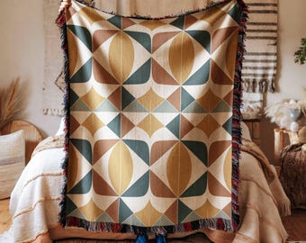 Throw Blanket Mid Century Modern Geometric Mustard Yellow Teal Blue Burnt Orange Abstract Woven Home Decor Gift