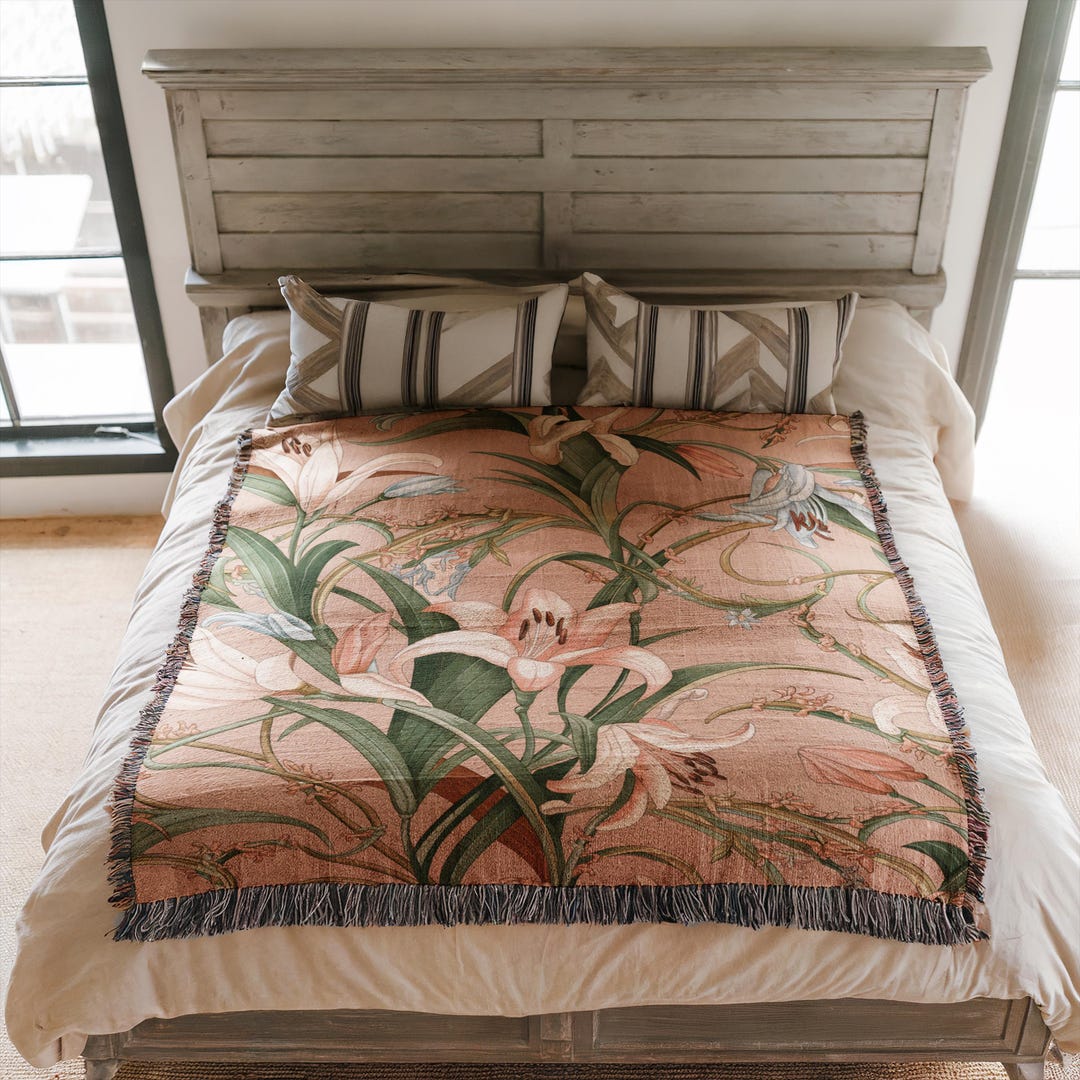Throw Blanket Rococo Lilies White Pastel Coral Vines Blossoms Pale Rose ...