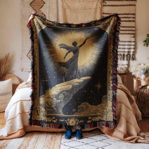 Blanket celestial sun starry night throw mystical golden cosmic boho decor cozy gift for astrology lover bedroom blanket