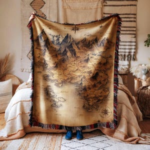 Woven Blanket Nostalgic Fantasy Map Throw Antique Style Artistic World Map Design Unique Geography Gift Cozy Travel Decor Adventure Lover