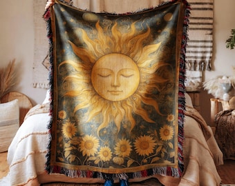 Throw Blanket Sun Moon Tapestry Celestial Sunflower Boho Art Galaxy Design Cozy Decor for Home Bedroom Living Room Unique Gift Idea