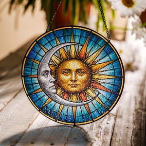 Suncatcher Stained Glass Sun Moon Celestial Home Decor Windows Unique Astrology Inspired Art Gift Space Enthusiasts Cosmic Window Hanging