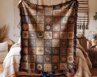 Timeless Celestial Mosaic Quilt Blanket Nostalgic Medieval Tapestry Design Cosmic Zodiac Sigils Sun Moons Crescent Elegant Woven Throw Rich