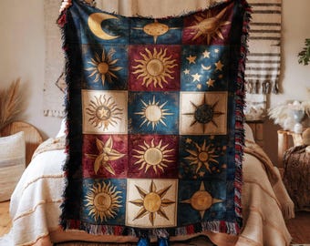 Blanket celestial sun moon throw cozy night sky quilt stars boho decor astronomical gift for astrology fan starry bedroom blanket