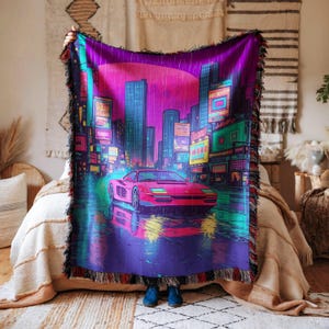 Throw Blanket Retro Car Neon City 80s Synthwave Vibrant Design Cozy Warm Decor for Urban Lovers Futuristic Cyberpunk Bedroom Gift Idea