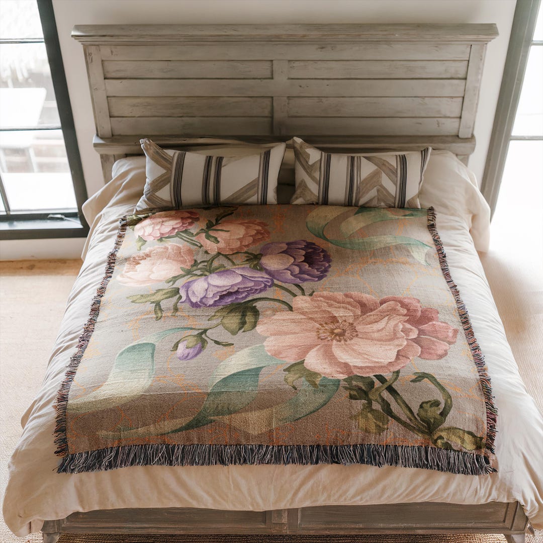 Throw Blanket Rococo Floral Pastel Cascading Flowers Ribbons Elegant ...