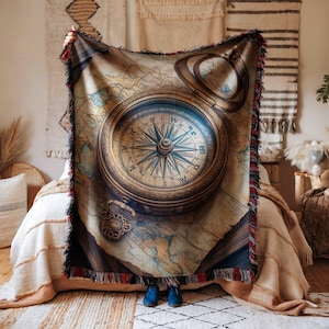 Wolldecke Vintage Kompass nautische Abenteuer detaillierte Karte Design gemütliche Reise Bettüberwurf Geschenk Entdecker antike Kunst einzigartiges Schlafzimmer Display