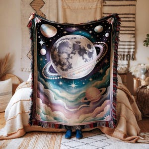 Blanket Moon Planets Stars Celestial Space Universe Galaxy Cozy Woven Throw Blanket Home Decor Gift for Astronomy and Space Lovers