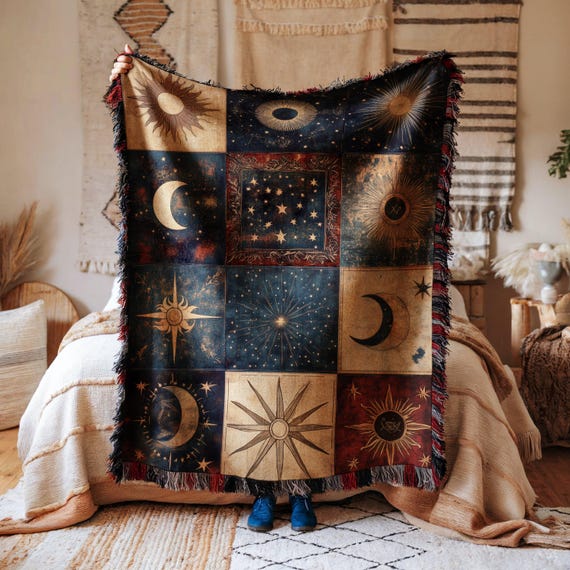 Decke Himmlisch Vintage Stern Mond Boho Astrologie Sonne Mond Tapisserie mystisches Dekor für Haus Schlafzimmer Wohnzimmer Geschenkidee