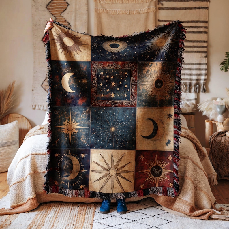 a blanket with a star and moon design on it.  Product image, AI-generated. The delivered product matches the description.