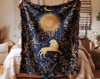 Blanket lion celestial sun moon galaxy star zodiac boho decor throw gift for astrology lovers unique zodiac display art for bedroom