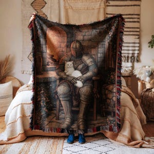 Blanket medieval knight cat throw fantasy art cozy decor regal feline quilt gift for fantasy lover warm rustic bedroom blanket
