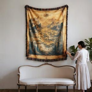 Deken vintage berglandschap kaart plaid rustiek kompasroos gezellig op de natuur geïnspireerd antiek bos decor cadeau natuurliefhebber slaapkamer display