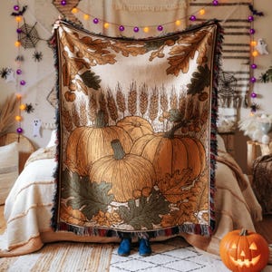 Manta de cosecha de otoño con diseño de calabaza, decoración rústica de granja, acogedora manta tejida con acento de temporada para el hogar, paleta otoñal, sofá cama, tacto suave