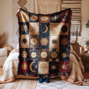 Blanket celestial sun moon star print astrology cozy throw cosmic zodiac warm quilt home decor gift display astrology lovers starry bedroom