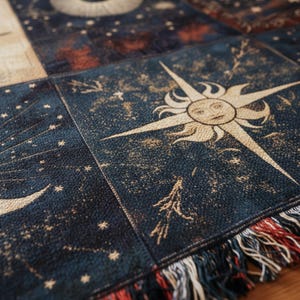 A close-up view of the woven celestial blanket, showing the intricate sun, moon, and star patterns and the detailed cotton yarn texture.