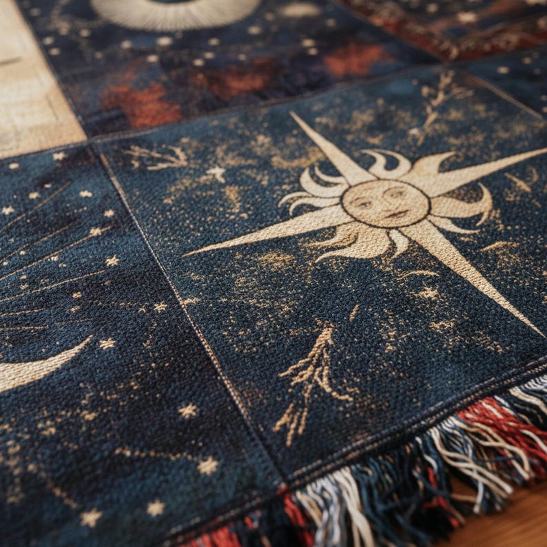 A close-up view of the woven celestial blanket, showing the intricate sun, moon, and star patterns and the detailed cotton yarn texture.