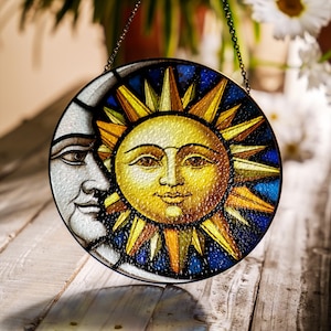 Suncatcher Stained Glass Sun Moon Celestial Home Decor Windows Unique Astrology Inspired Art Gift Space Enthusiasts Cosmic Window Hanging