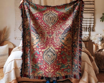 Intricate Iranian Pattern Inspired Woven Blanket Floral Geometric Arabesque Paisley Motifs Crimson Gold Burgundy Textured Throw Traditional