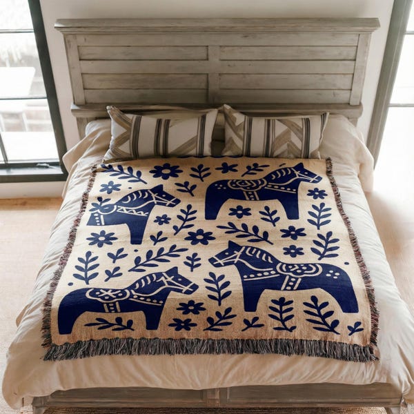 Blanket Dala Horse Swedish Folk Art Blue Floral Motif Cozy Farmhouse Woven Throw Scandinavian Home Decor Living Room Accent Unique Gift