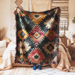 Throw Blanket Cozy Southwestern Bohemian Geometric Vibrant Aztec Pattern Tribal Design Colorful Decor for Living Room Bedding Gift Idea