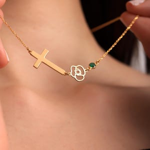 Personalized Silver Cross Necklace with Birthstone, Handmade Sterling Silver Cross Pendant with Birth Flower, Mom Necklace, Mothers Day Gift