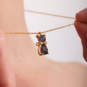 Mystic Topaz Cat Necklace, Dainty Pet Lover Jewelry, Sterling Silver Cat Pendant, Gift for Cat Owners, Minimalist Animal Charm Necklace