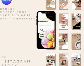 May include: A collection of 50 Instagram story templates for bakeries, coffee shops, and pastry businesses. The templates feature a variety of designs, including macarons, cakes, and other sweet treats. The text on the templates includes phrases like "Wedding Cake", "Bakery Tips", "Save Your Time!" and "Weekly Specials".