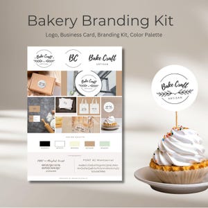 Modelo de logotipo e cartão de visita para padaria – Kit de marca Canva editável para pequenas empresas,