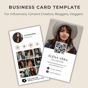 May include: A white business card template for influencers, content creators, bloggers, and vloggers. The card features a QR code, social media icons, and the text "ELENA VÉRA INFLUENCER hello@yourbusinessemail.com www.websitehere.com YOUR HANDLE YOUR HANDLE".