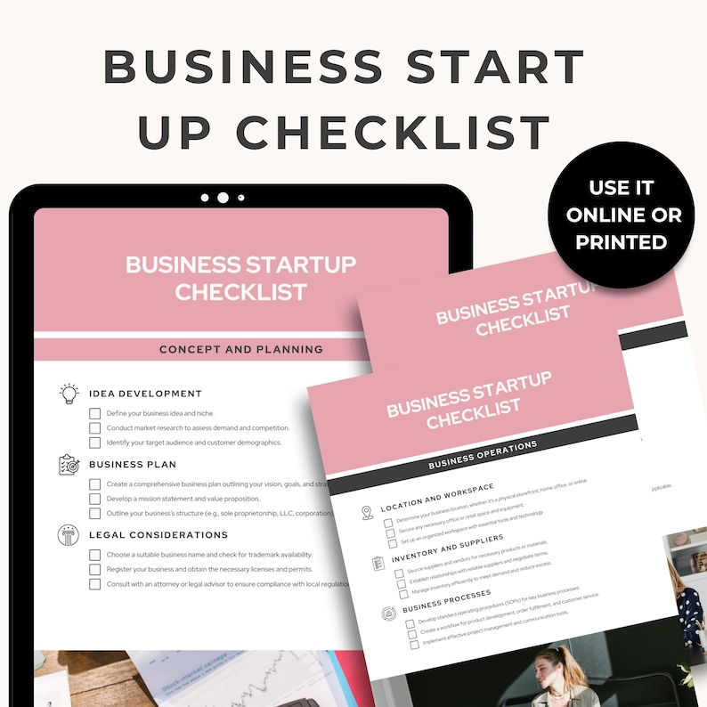 Printable and editable business start-up checklist for entrepreneurs – includes goal setting, planning, and launch steps.