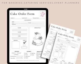May include: A black and white printable cake order form template with fields for order details, customer information, delivery, payment, and amount due. The form includes a drawing space for a cake design and a section for tracking numbers.