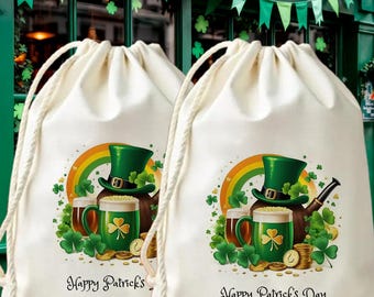 Happy St Patrick’s Day Party Bags - Irish Shamrock Drawstring Favor Bags - Leprechaun Hat Beer Mug Gift Bags -  Holiday Party Favors
