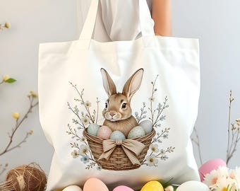 Easter Bunny in Basket Trendy Tote Bag - Easter Bunny Tote Bag - Cotton Canvas Bag - Reusable Easter Gift