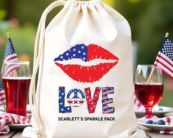 Personalized Name America Kiss Lips Love Bag - USA Independence Day Bag  - Patriotic Favor Bag - Memorial Day Favor - 4th Of July Favor Bag