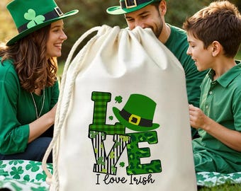 St Patrick’s Day Love Irish Drawstring Bag - Personalised Shamrock Lucky Party Favor - Leprechaun Hat Treat Bag - St Paddy’s Day Gift Bag