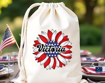 Custom Name America Flag Flower Favor Bag - USA Independence Day Bag - 1776 4th Of July Freedom Bag - Patriotic Bag - Memorial Day Favor