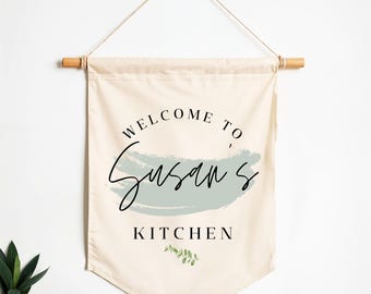 Welcome To Kitchen Custom Wall Banner - Personalized Canvas Banner - Custom Quote Wall Hanging - Kitchen Wall Art - Dinning Room Decor