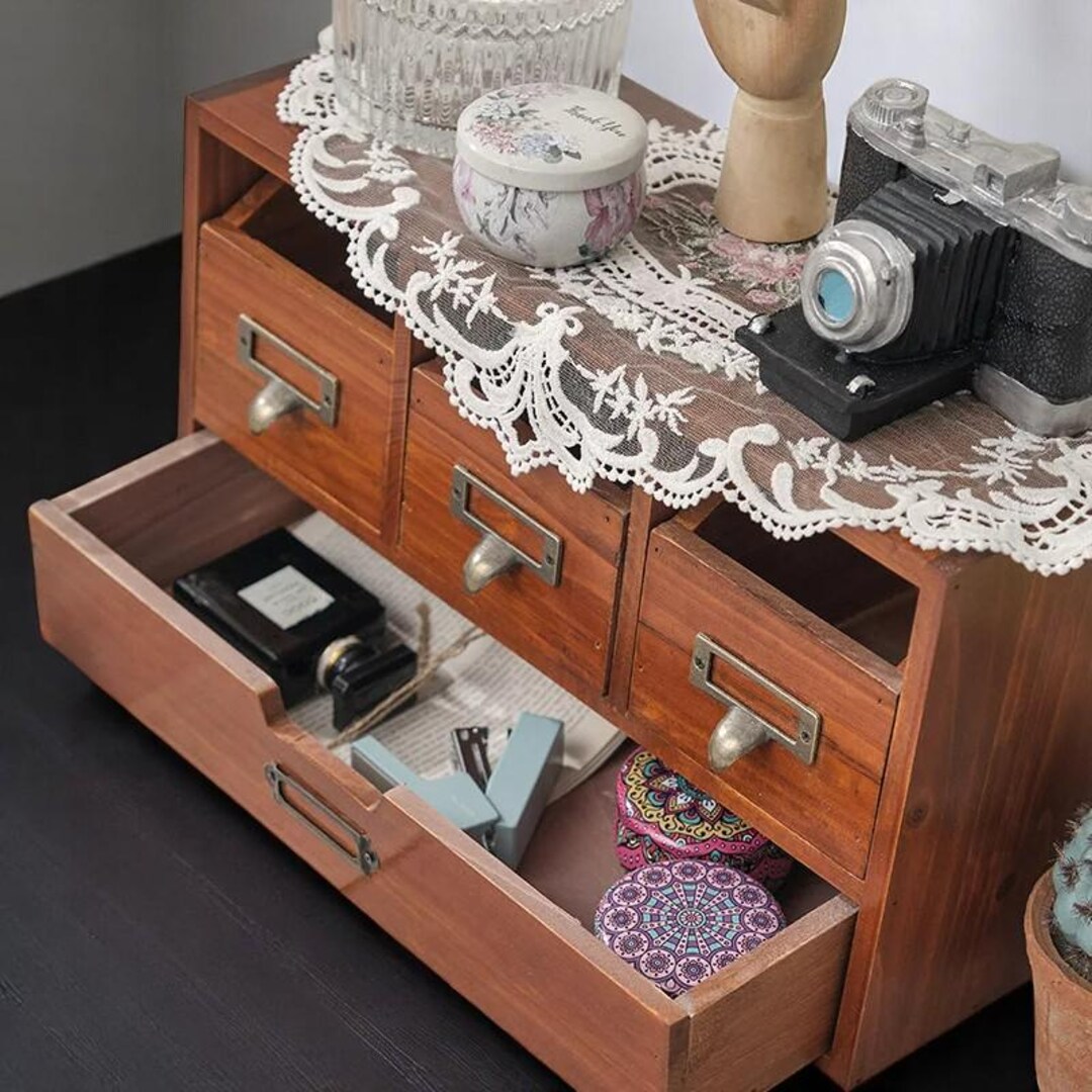 Vintage Wooden Desk Organizer – Desktop Storage Shelf, Stationery Box ...